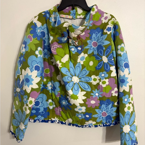 Handmade Jackets & Blazers - Handmade Upcycled Vintage Floral Quilted Jacket Size L Retro Flower Power OOAK"